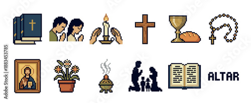 Collection of Christian religious pixel art icons including a bible, cross, rosary, communion, and praying family for a retro 8-bit video game aesthetic