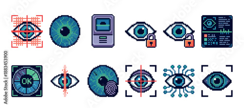 Pixel art icon set of biometric eye scanning technology showing iris recognition, retinal scans, cybersecurity concepts, and futuristic surveillance in a retro 8-bit video game style