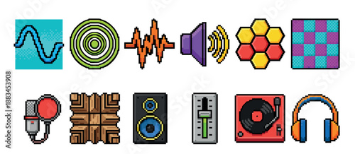 Pixel art sound and music icon collection featuring a microphone, speaker, headphones, and turntable in a colorful retro 8-bit video game style for digital design