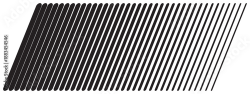 Slanted vertical black parallel straight sticks with different thickness isolated on white background. Tilted stripes. Oblique lines. Simple striped print. Vector graphic minimalist illustration