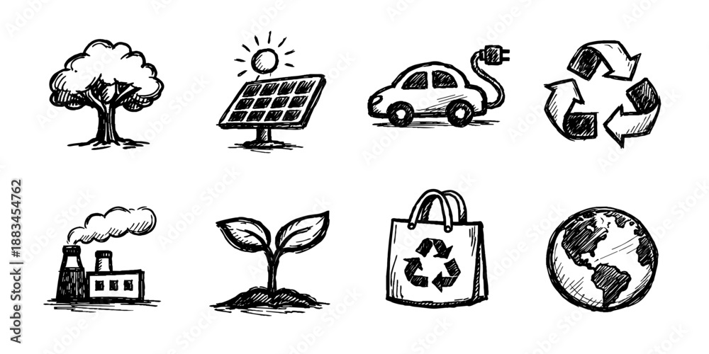 Fototapeta premium Recycling and eco sketch icon collection in black. Set of recycle symbol, leaf, globe, energy, factory, plant, trash and sustainability icons in doodle style