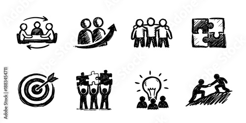 Teamwork and collaboration sketch icon collection in black. Set of cooperation, partnership, support and unity icons in doodle style