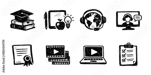 Online education sketch icon collection in black. Set of video lessons, laptop learning, certificate, checklist and digital study icons in doodle style