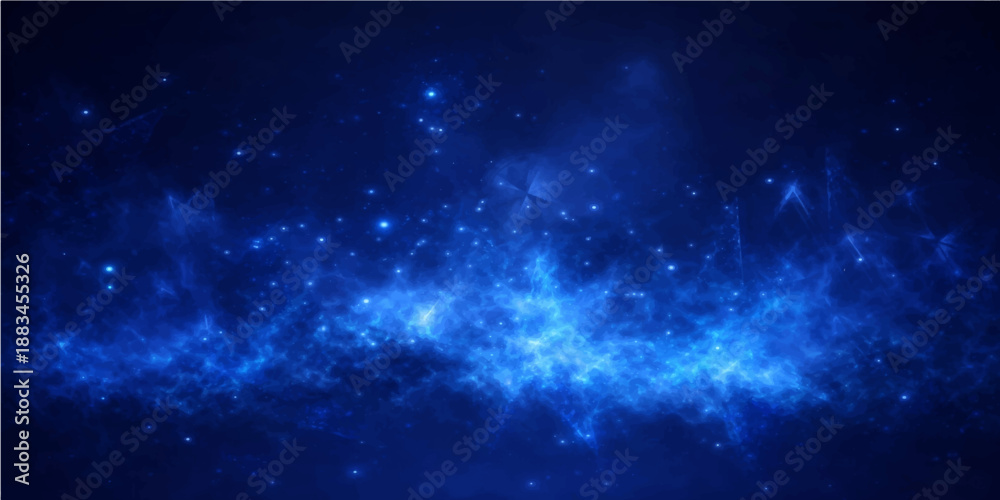 Obraz premium A deep blue abstract background featuring a bright starry nebula and glowing cosmic dust across a dark outer space galaxy starfield illustration
