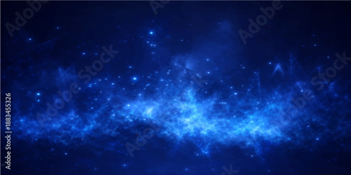 A deep blue abstract background featuring a bright starry nebula and glowing cosmic dust across a dark outer space galaxy starfield illustration