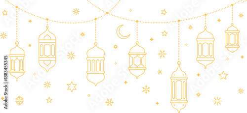 Decorative islamic garland with lanterns stars moons and ornaments on transparent background high-quality professional detailed modern elegant stylish clean crisp