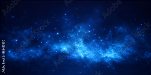 An abstract blue cosmos background features a glowing nebula and bright starry light within a deep dark space galaxy illustration