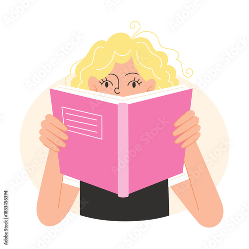 Person with blonde curly hair reading a pink book with hands visible vector illustration