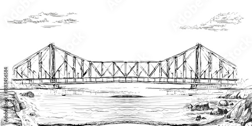 Detailed monochrome ink illustration of Howrah Bridge in Kolkata, India, showcasing its massive steel framework, historic architecture, and calm Hooghly River in vintage hand-drawn style.