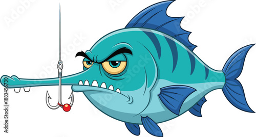 Angry cartoon fish with long snout glaring at fishing hook underwater, expressive aquatic character illustration for humorous marine vector scene