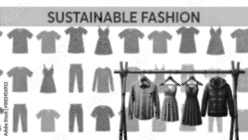 Sustainable fashion clothing rack with various garments and sustainable fashion banner