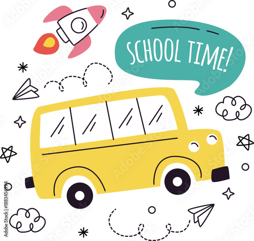 Yellow School Bus With Rocket And Speech Bubble On White Background yellow bus transportation