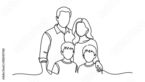 Continuous line drawing of a happy family with two children minimalist