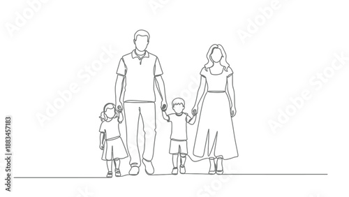 Continuous Line Drawing of a Happy Family Walking and Holding Hands