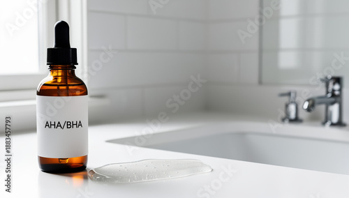 Skincare serum bottle with dropper in modern bathroom setting  