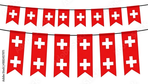Two strings of red pennant flags featuring white crosses hang against a plain white background, symbolizing a nation's emblem