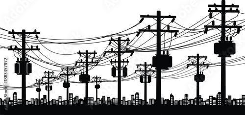 City skyline with utility poles, transformers and overhead power lines silhouette, urban electricity distribution network infrastructure illustration on white