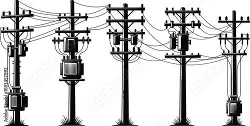 Electrical distribution poles with transformers and power lines silhouette, urban street lighting infrastructure, high voltage energy network illustration