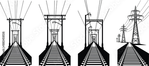 Railway track perspective with power lines and electric transmission towers silhouette set, industrial transport and energy infrastructure illustration
