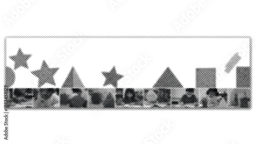 Halftone stars and shapes on white background with halftone border