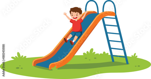 Happy cartoon boy sliding down playground slide, outdoor fun activity, smiling kid playing in park, children recreational scene illustration