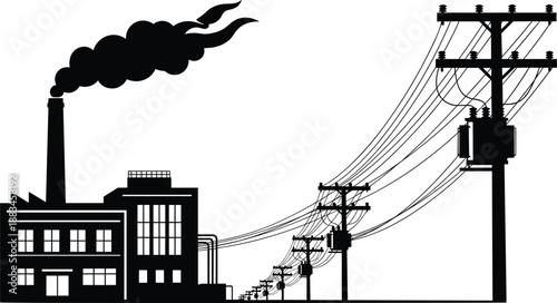 Set of high voltage transmission towers with overhead power lines, industrial electricity grid infrastructure silhouette illustration collection