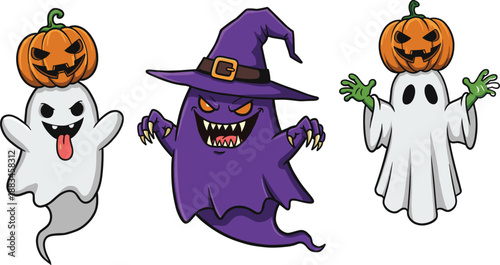 Funny Halloween cartoon ghosts with pumpkin heads, spooky faces, colorful costumes, cute and scary ghost characters, festive illustration, perfect for kids, trick or treat