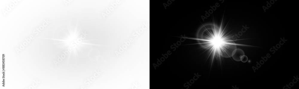 Fototapeta premium Yellow star flashed with sparkles sun isolated on white background. Soft glow without departing rays, sunlight with lens flare effect. PNG vector light effect