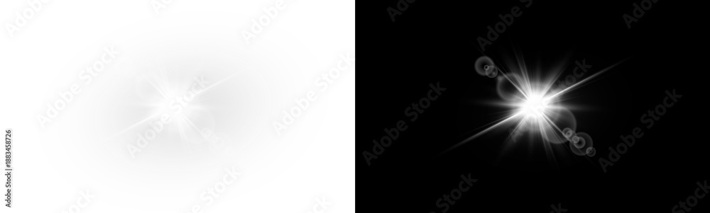 Fototapeta premium Yellow star flashed with sparkles sun isolated on white background. Soft glow without departing rays, sunlight with lens flare effect. PNG vector light effect