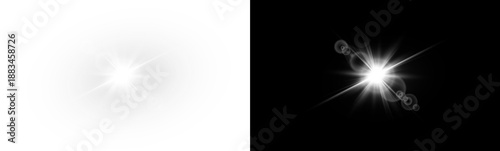 Yellow star flashed with sparkles sun isolated on white background. Soft glow without departing rays, sunlight with lens flare effect. PNG vector light effect