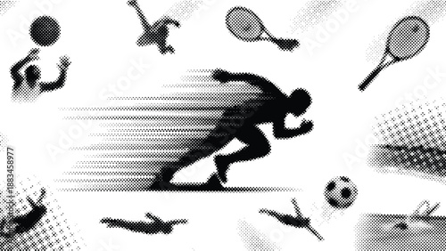 Black and white sports icons with silhouettes of athletes and equipment  various sports actions
