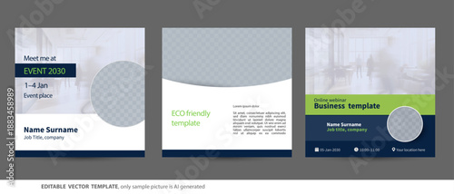 green white square business social media template event ad for speech course online class conference