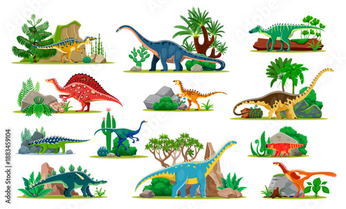 Prehistoric dinosaurs, cartoon dino animal characters with ancient plants and rocks. Vector reptile species for children books, education materials, stickers, posters. Isolated Jurrassic era creatures