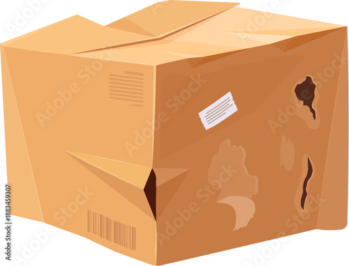 Crumpled and damaged cargo delivery box and broken ripped cardboard parcel with torn holes, dents and bent edges. Vector damaged crumpled cardboard delivery box. Broken and ripped cargo parcel package