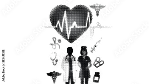Medical professionals and healthcare symbols in a dotted illustration
