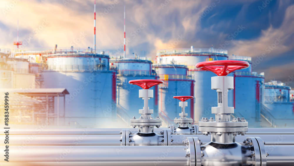 Naklejka premium Oil and gas storage infrastructure. Industrial pipelines with control valves in foreground and large fuel storage tanks in background, representing energy production, distribution, industrial safety.