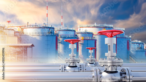 Oil and gas storage infrastructure. Industrial pipelines with control valves in foreground and large fuel storage tanks in background, representing energy production, distribution, industrial safety. © Grispb