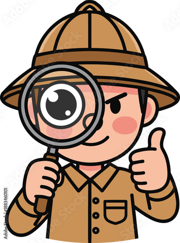 Cartoon explorer character with magnifying glass, safari outfit, thumbs up gesture, confident expression, detective theme, educational and adventure concept
