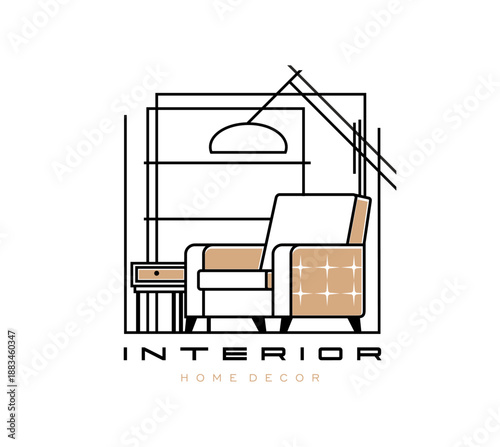 Home interior icon features modern and stylish sofa, lamp, shelf and cupboard in linear style. Isolated vector emblem for home decor brands or interior design services evoke elegance and comfort