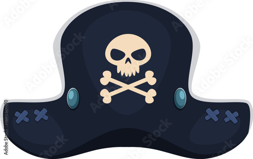 Cartoon pirate tricorn and corsair hat with skull and crossbones emblem. Vector captain headwear symbolizing sea adventure, corsair spirit, and fantasy ocean robbery. Vintage pirate cocked costume cap