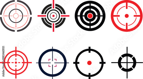 Bullseye target silhouette icon set with crosshairs and accuracy symbols.Abstract line art target icons set featuring various crosshair designs for accuracy and precision concepts.Minimal target icon