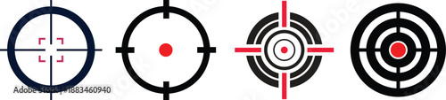 Bullseye target silhouette icon set with crosshairs and accuracy symbols.Abstract line art target icons set featuring various crosshair designs for accuracy and precision concepts.Minimal target icon
