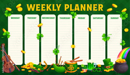 Weekly planner schedule with St Patrick's day holiday objects. Daily schedule, classes week planner or vector timetable with Saint Patrick's shamrock clovers, leprechaun hat, shoes and gold in pot