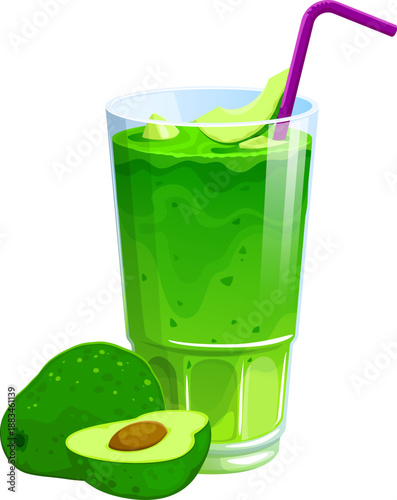 Healthy green vegan smoothie vector drink. Cartoon vector clear glass filled with creamy emerald smoothie and floating avocado piece on the surface. Detox program, healthy vegetable nutrition beverage