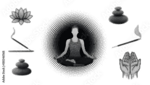 Meditation and yoga practice with various mindfulness symbols and objects for relaxation and inner peace