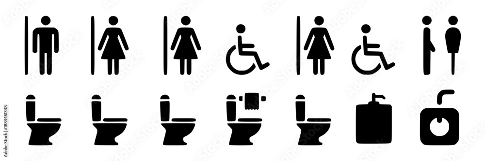 Obraz premium Collection of black simple flat design icons representing public restroom facilities for men, women, and disabled individuals, including toilets and sinks.