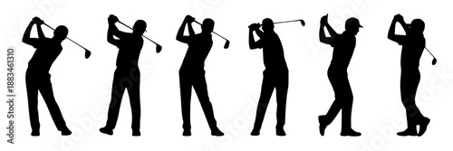 Set of six black silhouette golf players in various swinging poses against a white background, vector graphic collection