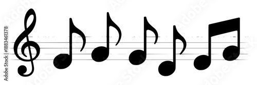 Simple black treble clef and musical notes on staff lines, minimalist flat design graphic for music and education concepts