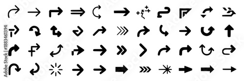 Collection of diverse black arrow icons including curved, straight, double-headed, and multi-directional designs for navigation and direction on white background