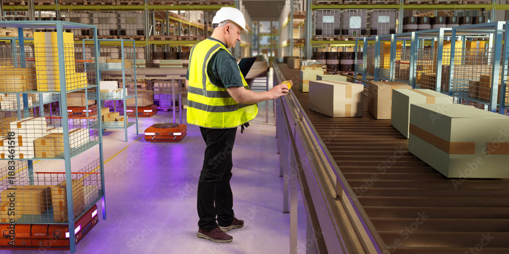 Obraz premium Warehouse, automated logistics center. Warehouse operator scans parcels on a conveyor line, controlling order sorting, automated picking, and material handling processes.